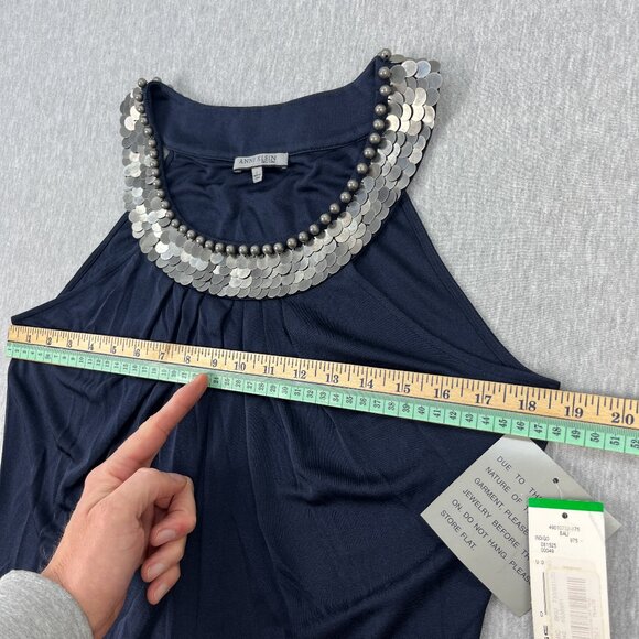 Anne Klein Sleeveless Top Womens L Navy Blue Silk Nylon Round Neck Metal Sequins - Picture 12 of 14